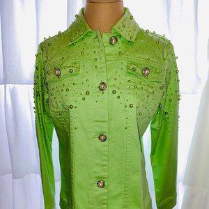 NWOT Quacker Factory Green Denim Jacket XS Pearls